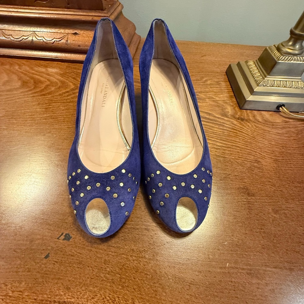 Loeffler Randall Blue Suede Leather Peep Toe 2” wedges w/ Gold Studs Size 9.5 - Picture 2 of 13